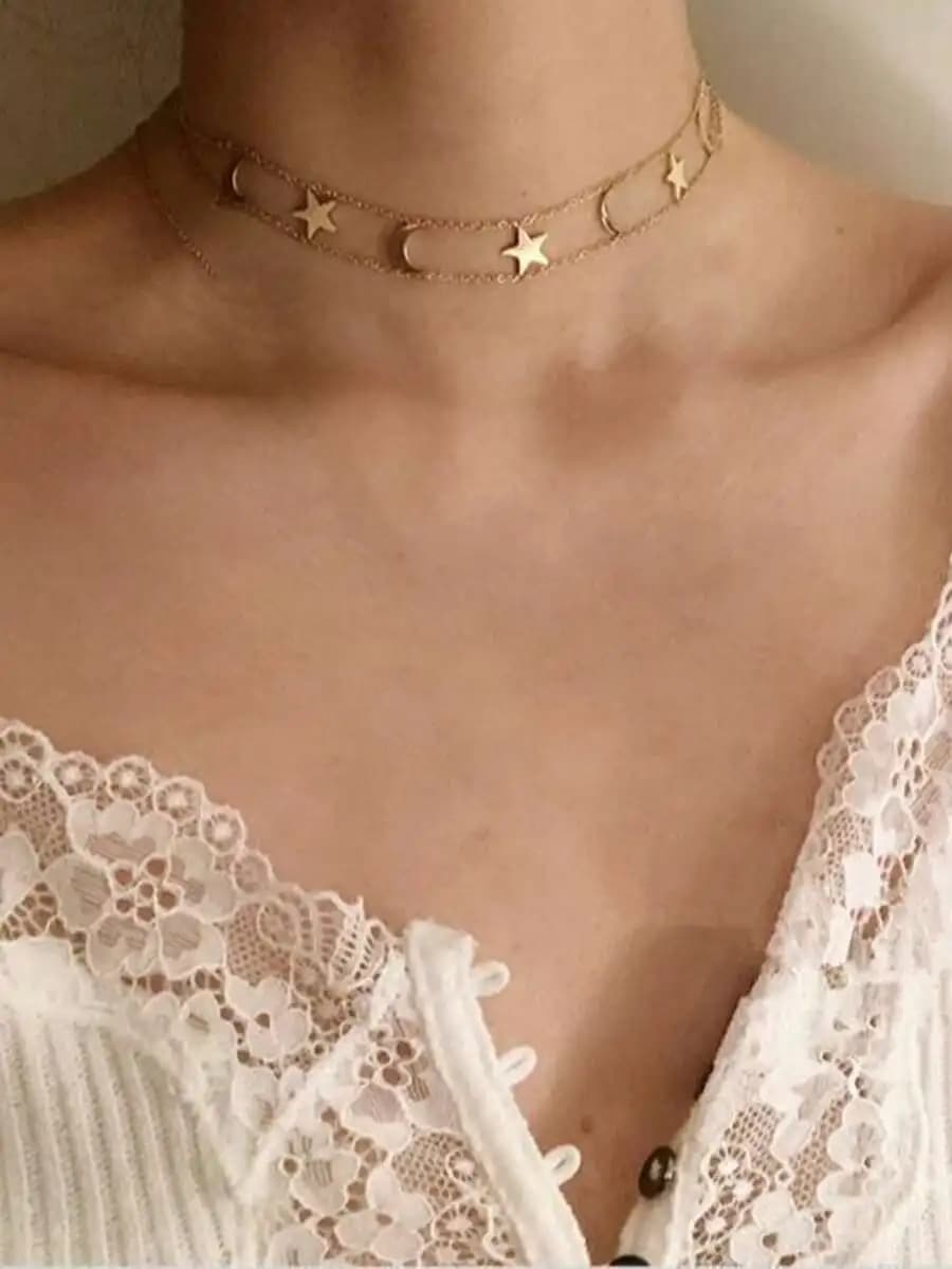 Nooxian 1pc Women Star & Moon Gold-Tone Double-Layered Necklace, Stainless Steel Star & Moon Choker Necklace, Everyday Stacking