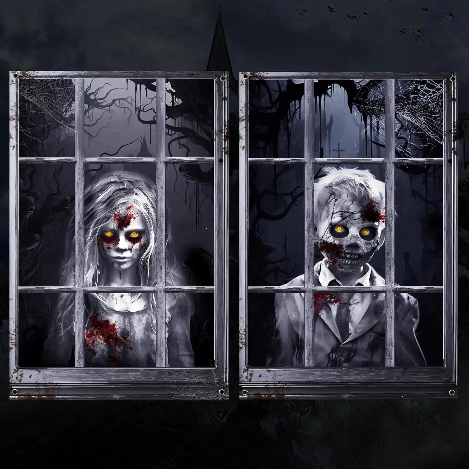 Halloween Ghost Curtain Decorations, 2-pack, window templates, interior decorations with baby window cover and horror boy (children