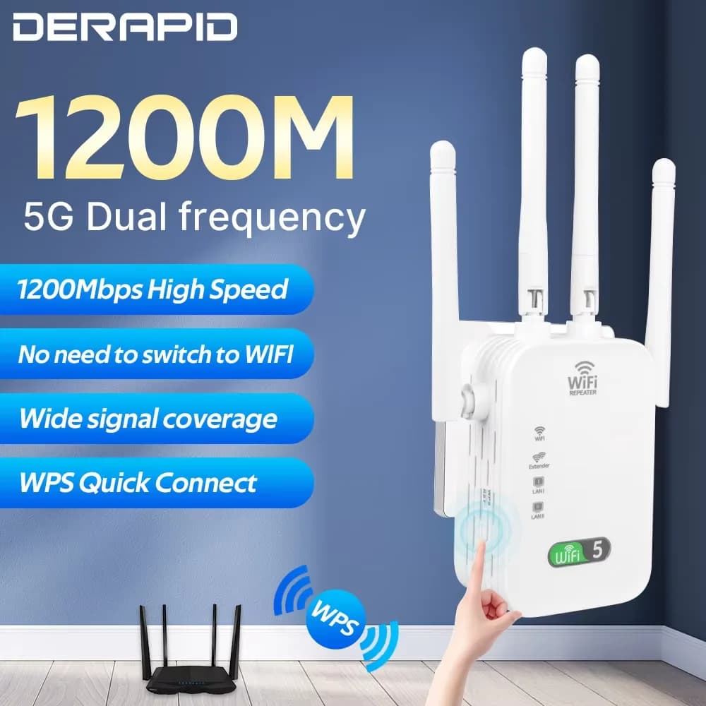 1200Mbps Dual Band WiFi Repeater 2.4G 5GHz Signal Extender Long Range Wireless Amplifier Booster for Home Office EU Plug Gain