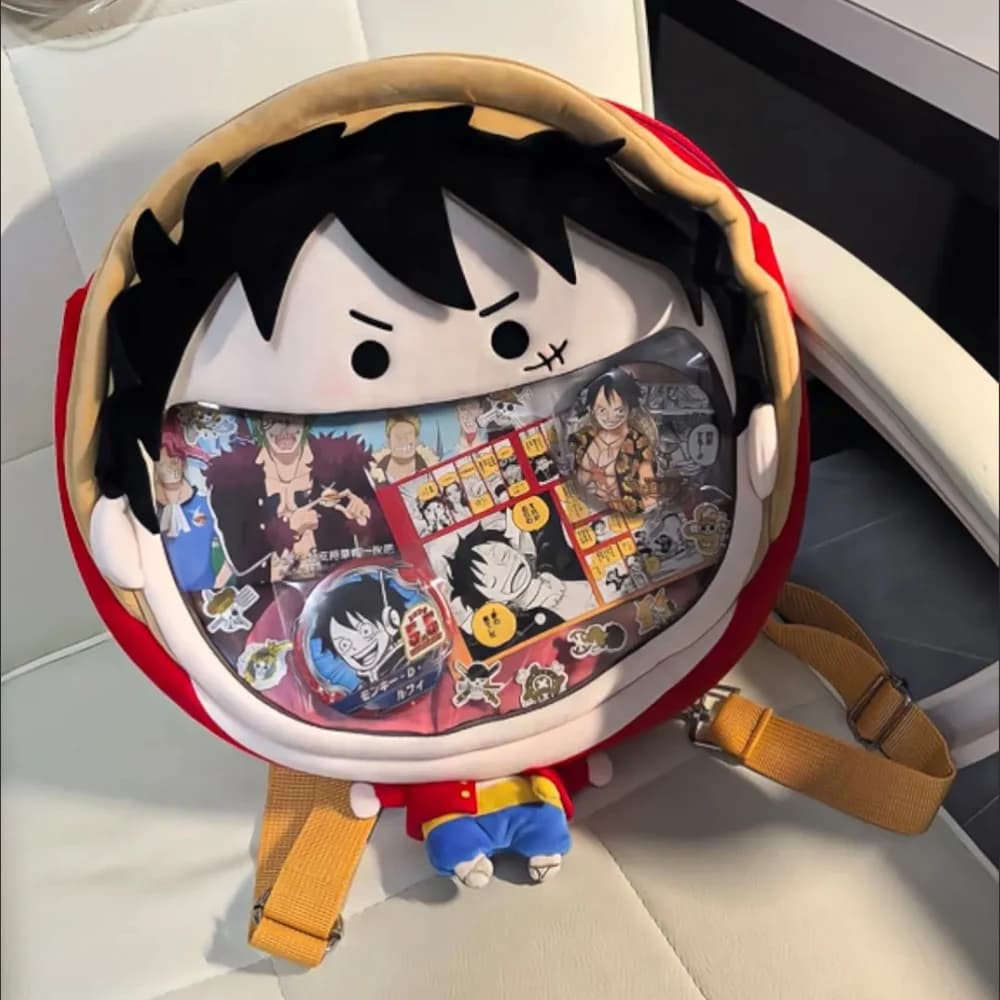 Borsa a tracolla Anime One Piece Rufy Peluche Zaino a bocca grande Zaino per coppie Zaino trasparente Itabag Borsa antidolore per cartoni animati Regalo di compleanno