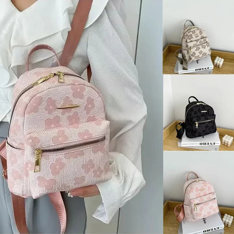 Floral Mini PU Backpack Small Capacity Multi Function PU Leather Double Shoulder School Travel Young Ladies Soft Sweet Bag