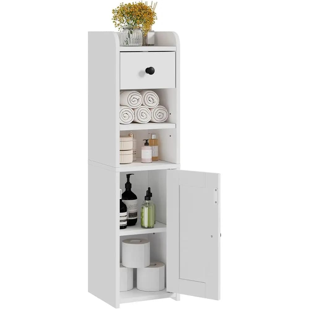 Mobiletto Salvaspazio per Bagno, Porta Carta Igienica Stretto, Armadietto da Terra con Anta e Cassetto, Organizzatore con Ripiani Regolabili, 7