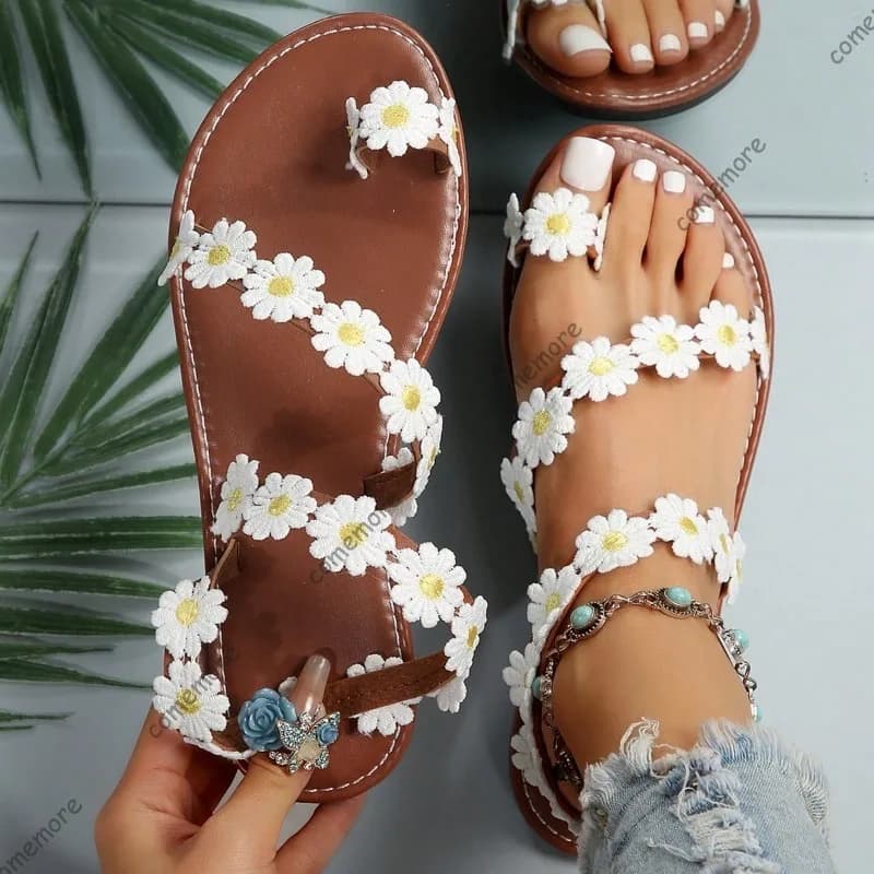 Boho Floral Flat Sandals for Women Clip Toe Thong Shoes Soft Sole Summer Travel Beach Casual Fashion Sandalias De Mujer Size 43