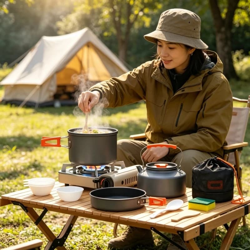 Set di Pentole da Campeggio, Kit di Stoviglie per Esterni, Bollitore, Padella, Utensili da Viaggio, Attrezzatura per Escursioni e Picnic