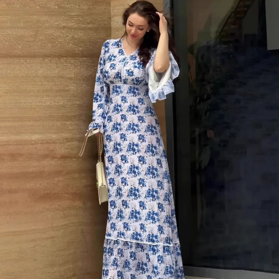 Elegant Sexy Long Sleeve Floral Print Dress Women's Summer New Style Cross-Border Gown Cotton Polyester Knitted High Waist Skirt