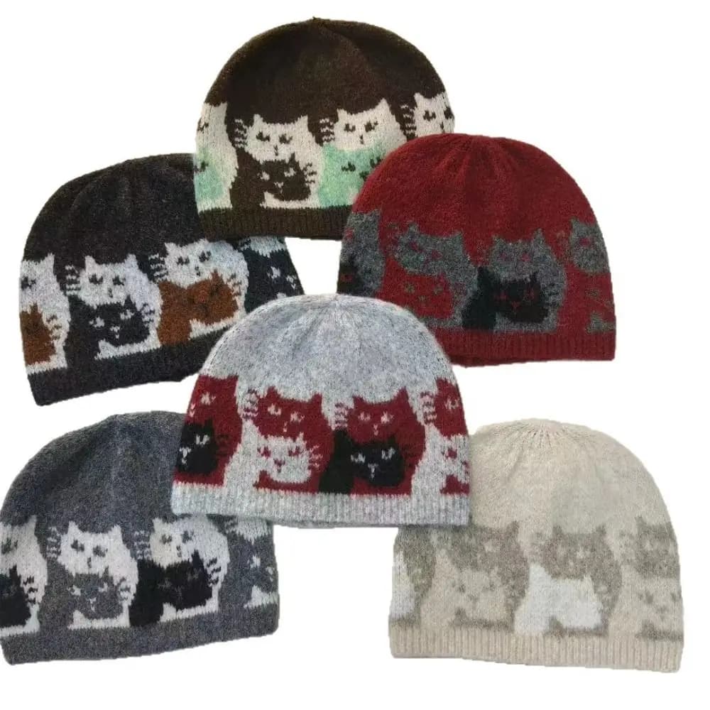 Fashion Warm Jacquard Cat Knitted Hat Fair Isle Style Wool Jacquard Pattern Beanies Printed Retro Printing Knit Cap Autumn