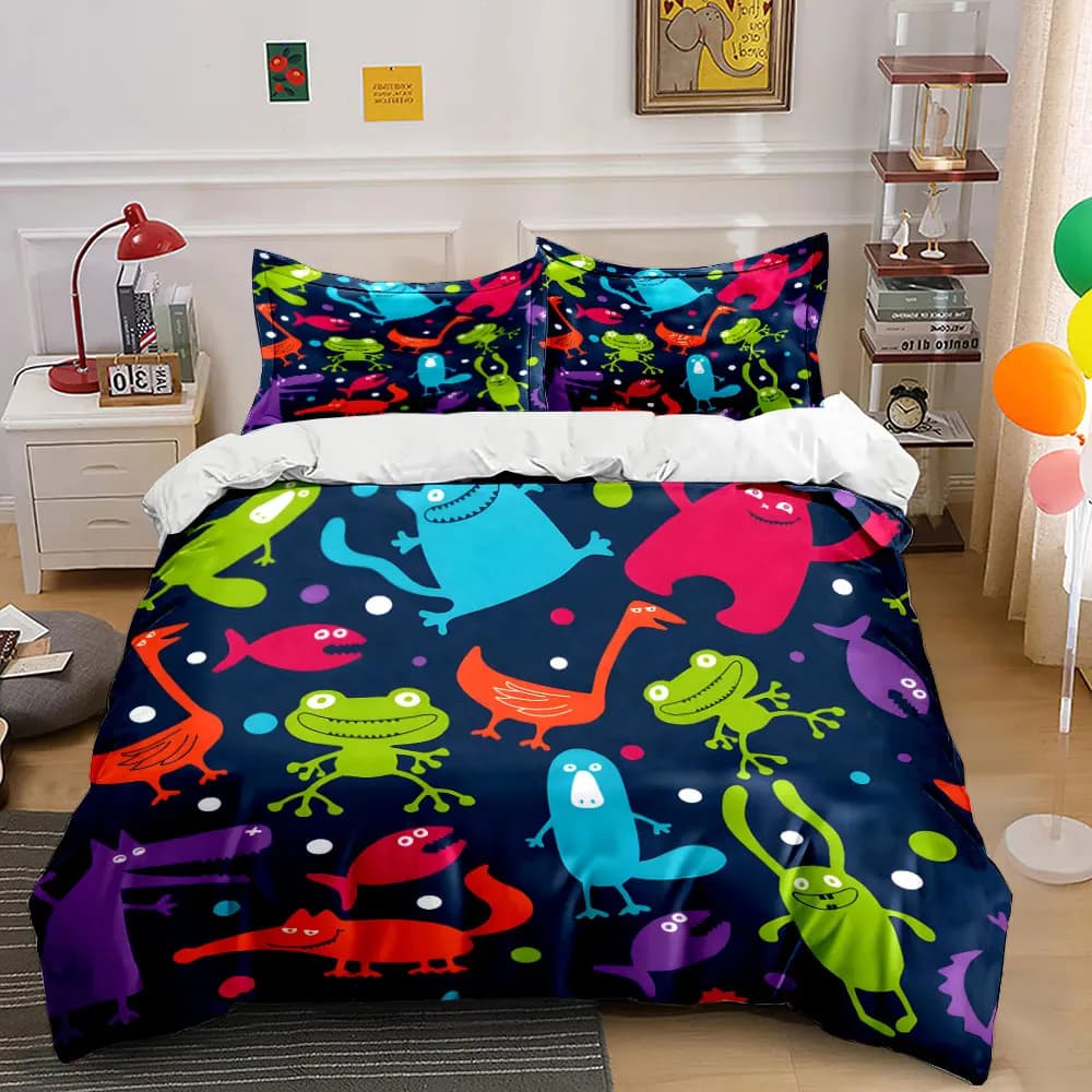 Set di biancheria da letto con stampa di animali colorati in stile cartone animato, 1 copripiumino, 2 federe per adulti e bambini, regalo di lusso, misura completa