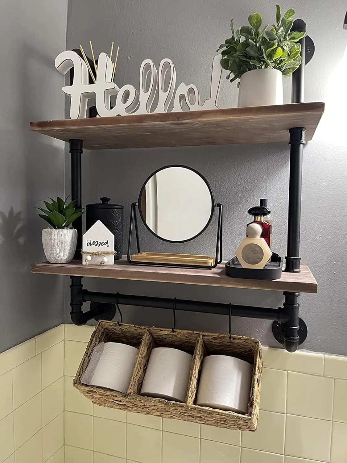 Mensola Industriale a Parete con Portasciugamani per Bagno, Scaffali Rustici a Muro, 50 cm in Legno Massello