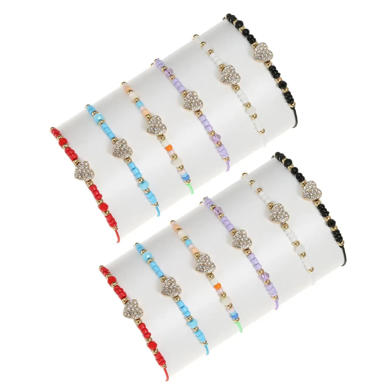 12 pezzi di set di cuori in lega con strass, perline di riso multicolori, bracciale con perline di cristallo, braccialetto regolabile per coppia alla moda