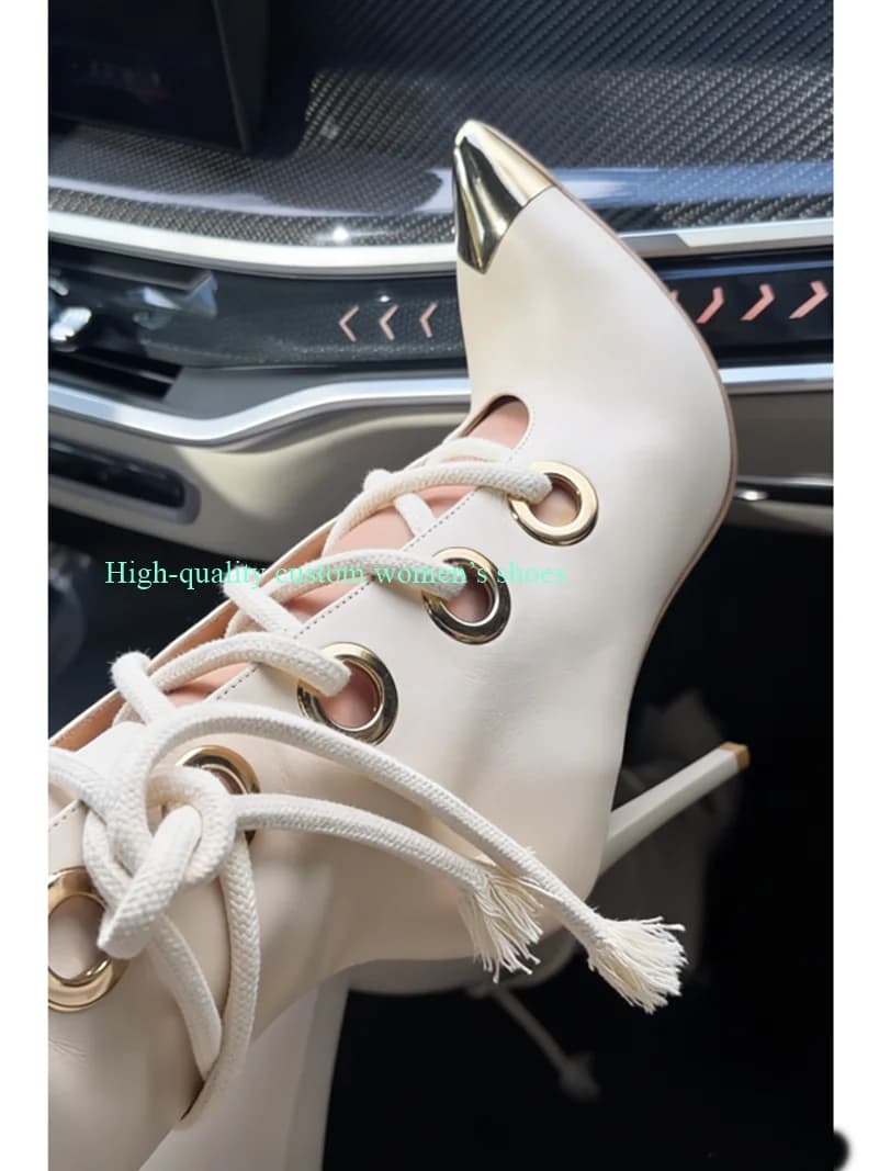 Pointed Gold And White Color Blocking Women's Summer Sandals Instep Metal Buckle Cross Straps Ankle Boots Luxury High Heels