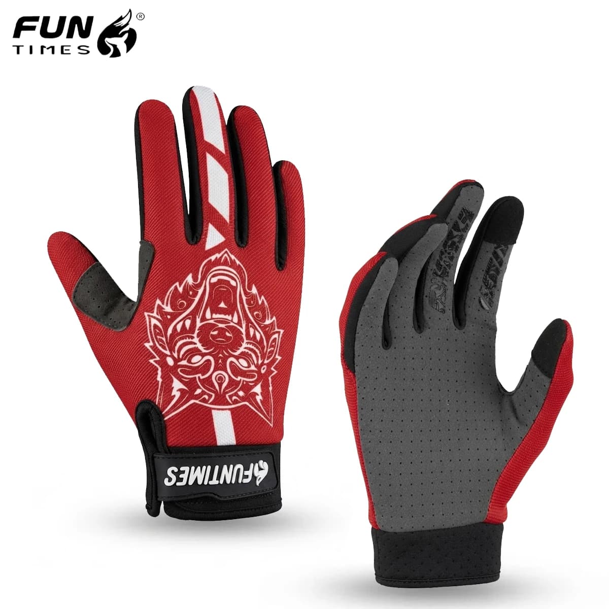 Red trendy wolf patterned motorcycle gloves, men's and women's universal touch screen breathable bicycle riding gloves
