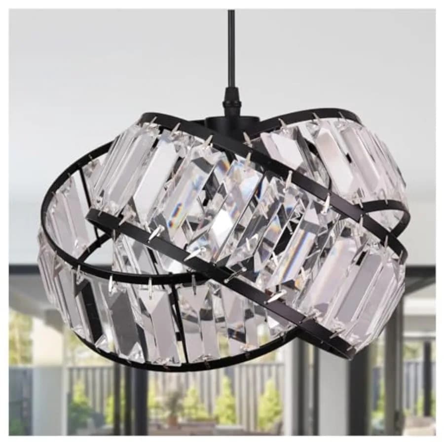 Lampadario Moderno in Cristallo, Illuminazione Stile Mid-Century Modern, Lampadario Geometrico ad Anello Nero, Piccolo Lampadario Vintage in Cristallo Nero