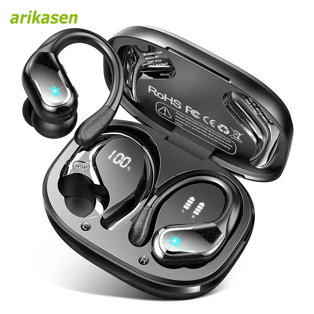 75Hrs Bluetooth 5.3 IP7 waterproof wireless headphones with ENC Noise Cancelling Deep Bass Earhook for sports Workout Gym Earbud