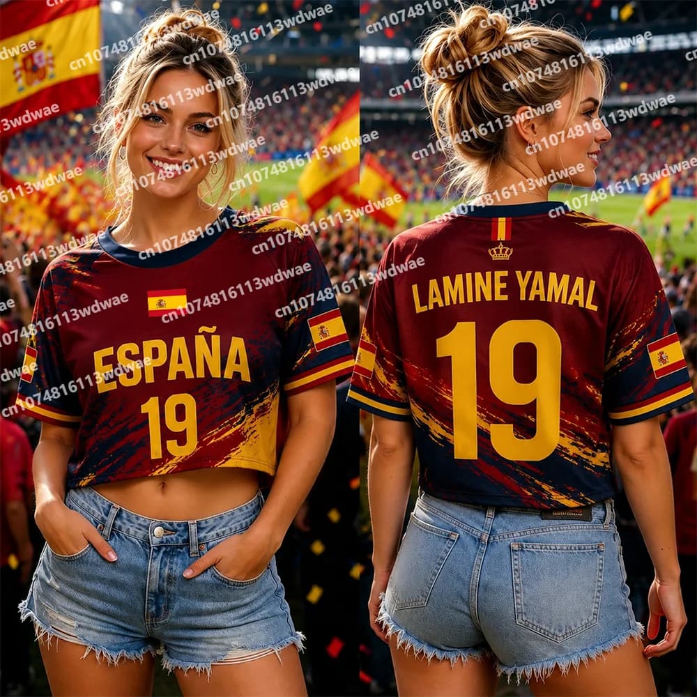 Spain Style clothing Women Football Jersey Lamine Yamal 19 Jersey Short Sleeve Jersey Cheerleaders Crop Top T-shirt Kid Tshirt