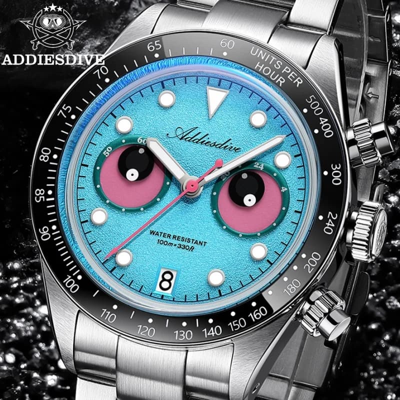 ADDIESDIVE Men Chronograph Watch Hot Sale AD2557 BGW9 Super Luminous Eye Dial 100m Waterproof 316L Stainless Steel Quartz Watch