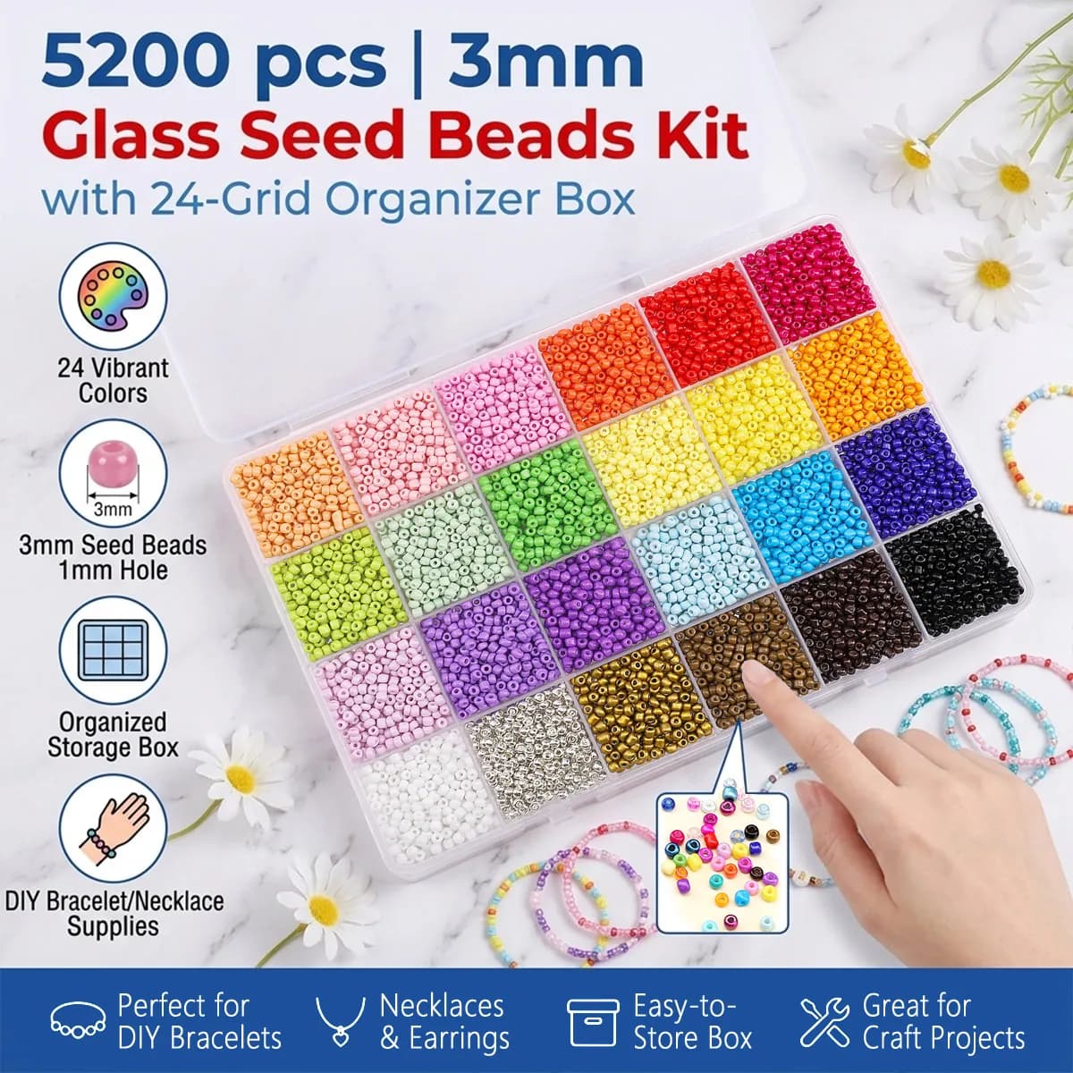 Kit 5200 Seed Beads 3mm with Box Organizer 24 Parts, Set to Create Bracelets, Necklaces and Earrings Make by You, Jewelry Materials
