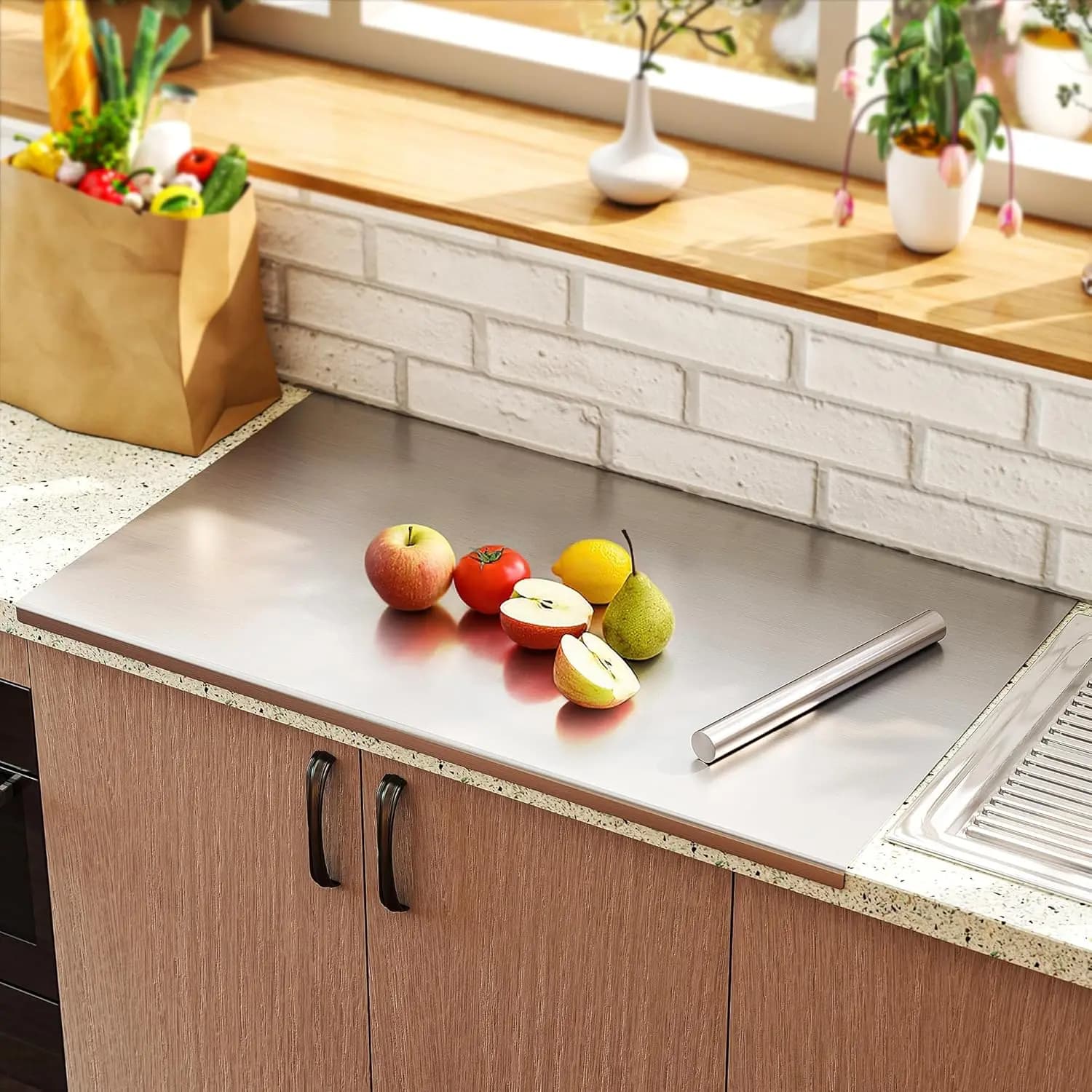 Tagliere Grande 90 cm L x 58 cm L, in Stainless Steel with Edge, Metal Oven Table