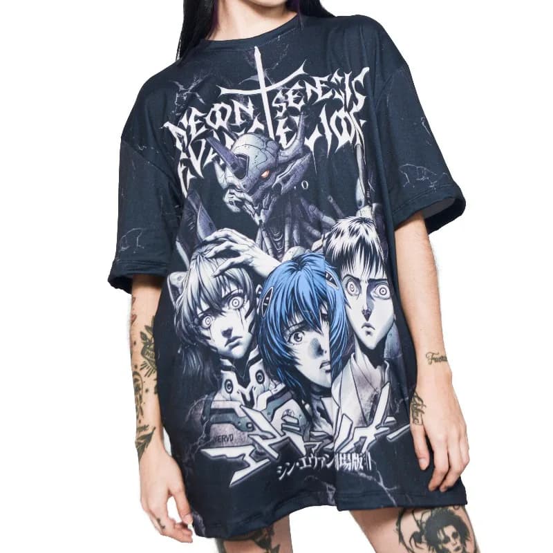 T-shirt Oversize Gotica da Uomo Evangelion Shinji Asuka Rei, Design Neon Genesis Anime Unit-01, Abbigliamento Casual Streetwear per Fan
