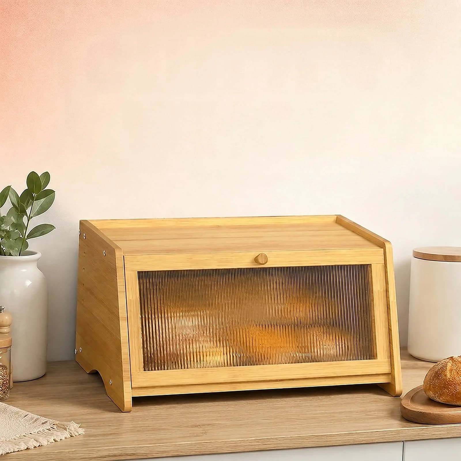 Zoyiancy Bamboo Bread Box for Kitchen Countertop, Single Tier Farmhouse Bread Storage Container with Ribbed Door and Flat Top