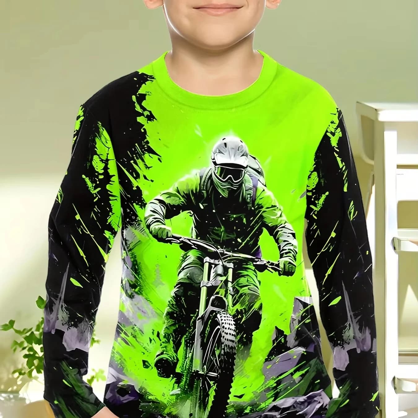 MTB Motocross Racing Car Splash Graphic Long Sleeve Tee Family Matching Off Road Sports Casual Daily Wear Printed Tee Shirt
