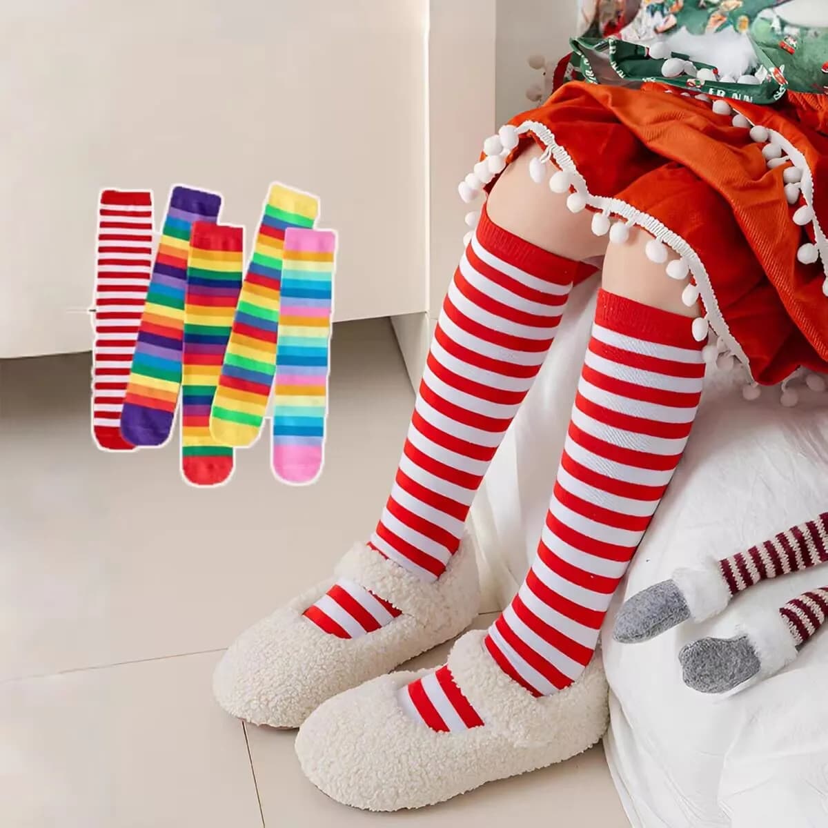 Calze Lunghe Autunnali per Bambini, Calze a Righe Arcobaleno per Ragazze, Calze al Ginocchio per Feste di Natale e Cosplay, Calze Primaverili per Ragazze Adolescenti