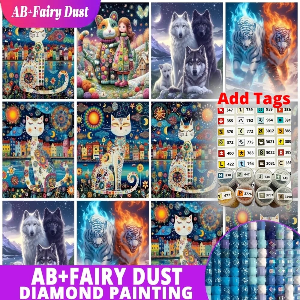 Fairy Dust AB Colorful Cat Animals Diamond Painting Set 5D DIY Embroidery Velvet Canvas Cross Stitch Handmade Gift Crafts Home D