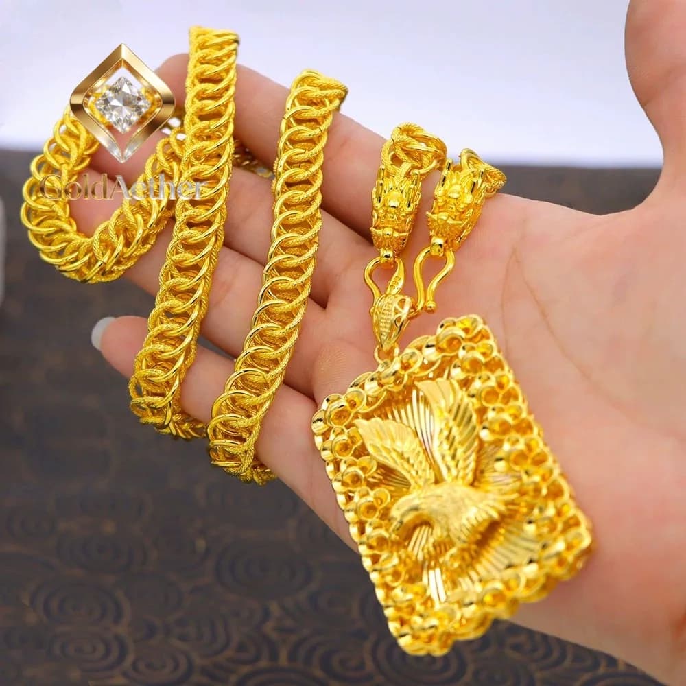 Gold Round Pendant Necklace True 24K 9999 GoldAether Flame Guanyin, Man Dominant Eagle Pendant, Logo Square Pendant, Elegant Style