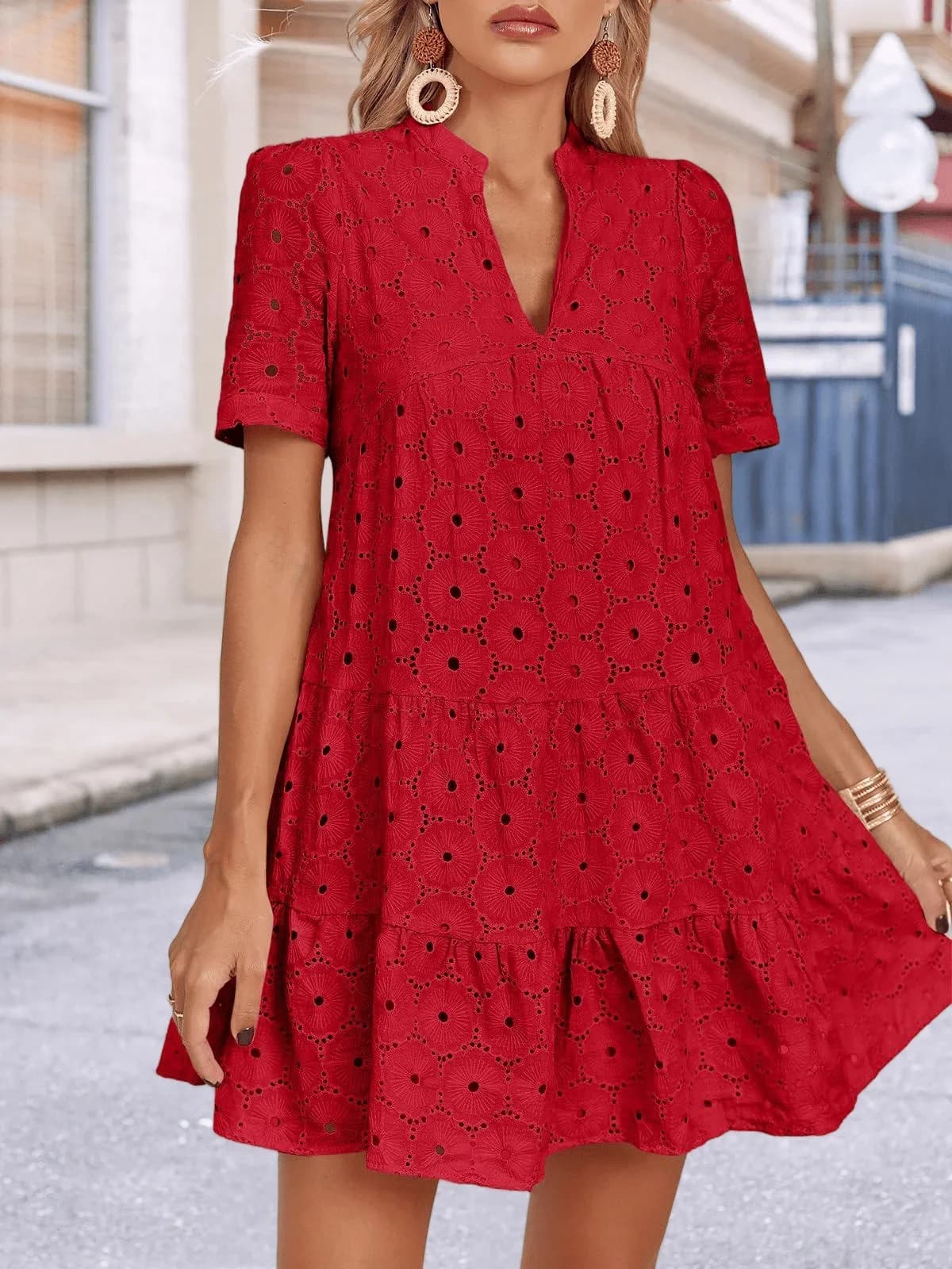 Womens Summer Eyelet Lace Dress V Neck Short Sleeve Flowy Swing Tunic