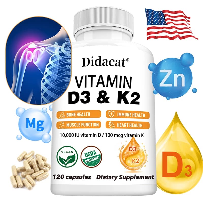 Vitamin D3+K2 10000IU Capsules vitamin D3 and K2 (MK-7) for bones, heart, muscles, immune support, non GMO