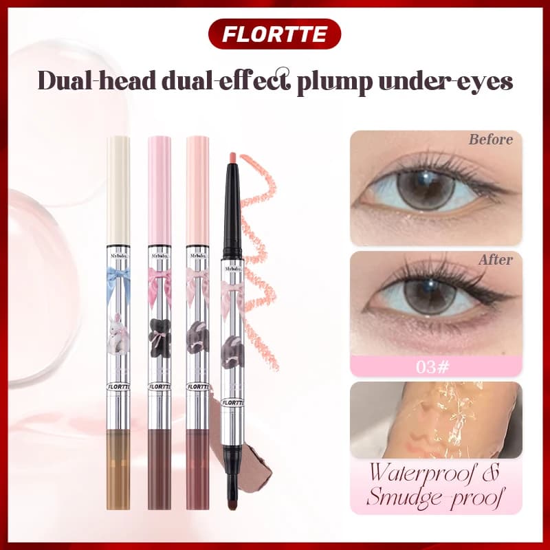 FLORTTE Matita Doppia Punta per Effetto Baco a Telo, Ombreggiatura Opaca + Illuminante Scintillante, Trucco Occhi Naturale e Delicato