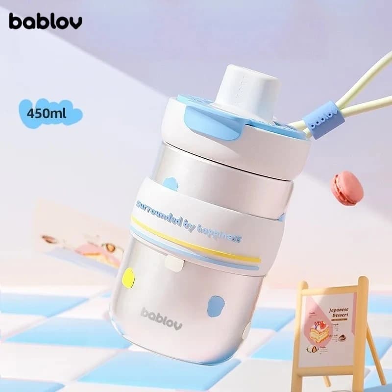 Bablov 450ml Thermos Cup 316 Stainless Steel Cute Straw Tumbler with Carry Rope＆Tea Strainer Vacuum Flask Coffee Cup Girl Gifts