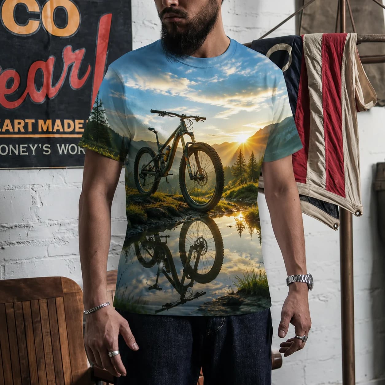Men’s Mountain Bike Sunset T Shirt Scenic Bicycle Reflection Graphic All Over Print Short Sleeve Crew Neck Outdoor Cycling