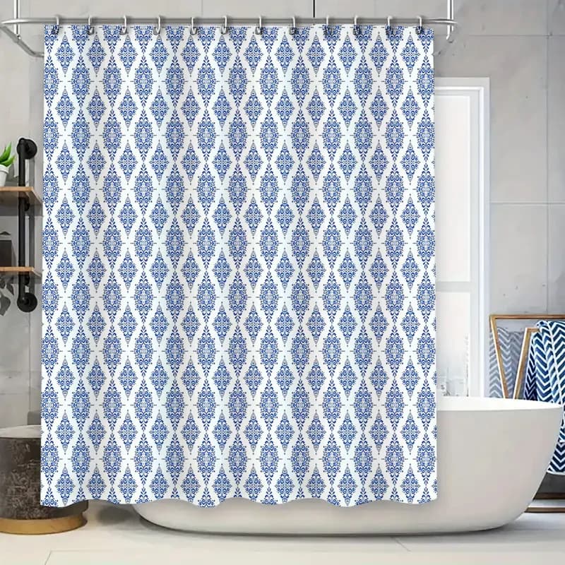 Tenda da doccia Boho, motivo mediterraneo blu, arredamento per il bagno, set di rivestimenti in tessuto lavabile costiero verde acqua