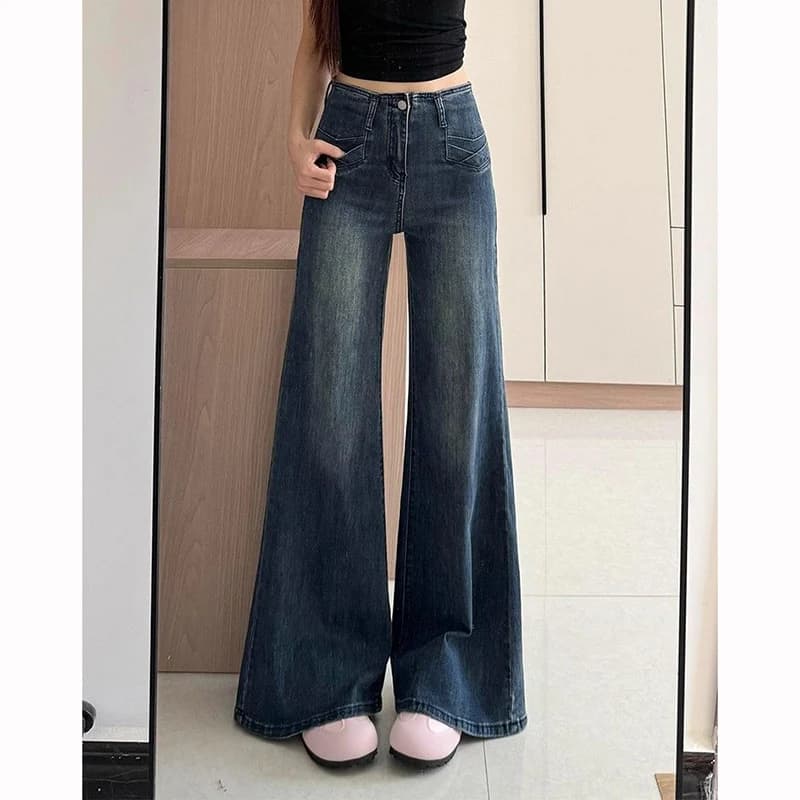 2026 New Female Chic Retro High Waist Jeans Girls Blue Slim Fit Denim Trousers Women Retro Casual Straight Leg Pants