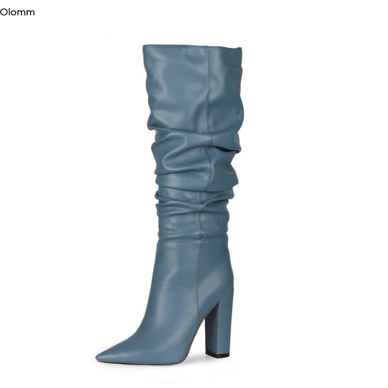 Olomm New Handmade Women Knee High Boots Stable Square High Heels Pointed Toe Gorgeous Blue Black Party Shoes Women US Size 4-13
