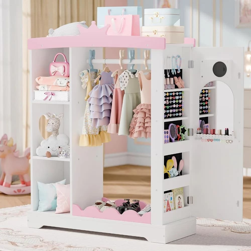 Children's Closet with Jewelry Cabinet, Dress-Up Storage, and Hanging Rack
