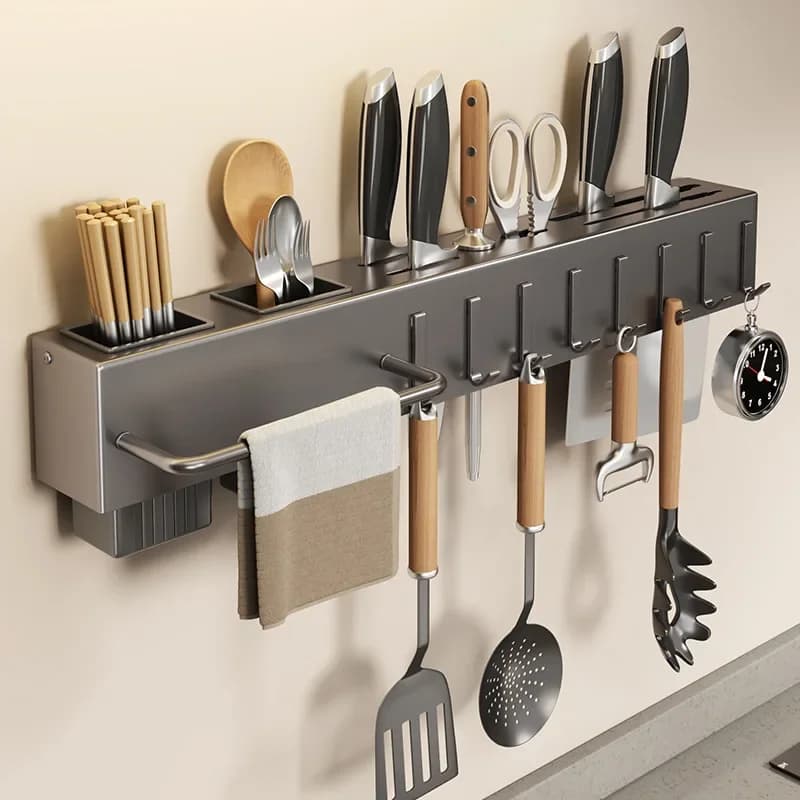 Thiened Wall Kitchen Knife Holder, Bacchette Door and Carbon Steel Multifunction Organizer