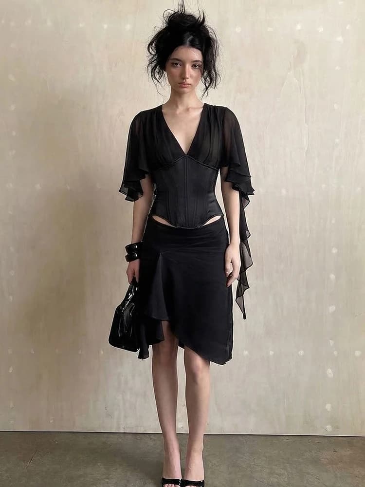 Kliou Set Due Pezzi Donna con Design a Balze, Top Estivo di Tendenza con Scollo a V e Nappe in Rete + Gonne a Vita Elastica, Completi Eleganti Arricciati Stile Street
