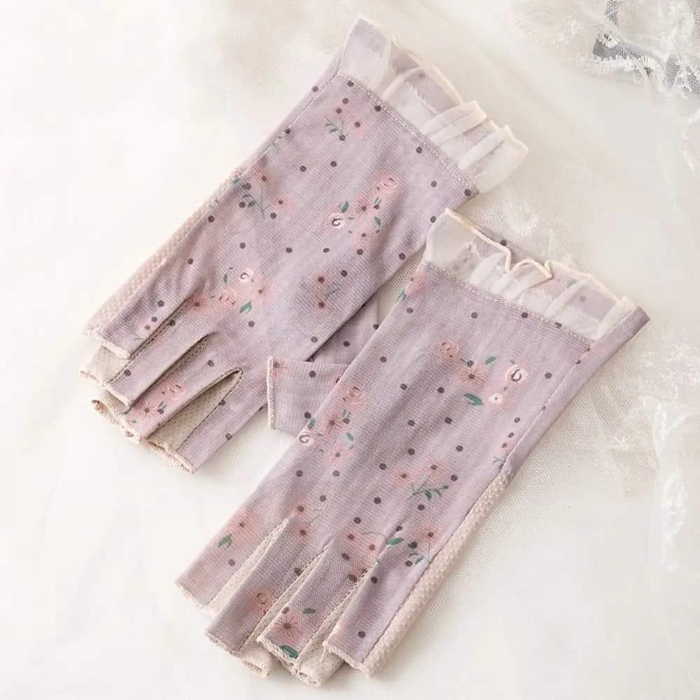 Silicone Anti Slip Half-Finger Gloves Lace Mesh Floral Printed Driving Gloves Sunscreen Accessories Thin Non-slip Gloves