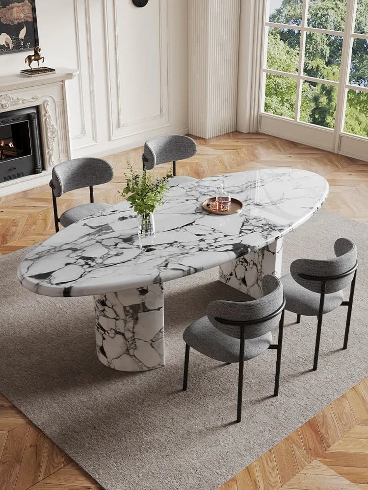 Tavolo da Pranzo Ovale in Finto Marmo Ispirato a Bulgari, Angoli Arrotondati, Gambe Robuste, Facile da Pulire, Design Ergonomico Moderno e Lussuoso per Sala da Pranzo