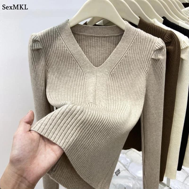 Elegant V Neck Winter Basics Sweater Women Pullovers Casual Long Sleeve Y2k Clothes Slim Knitwear Jumpers Knitted Black Tops