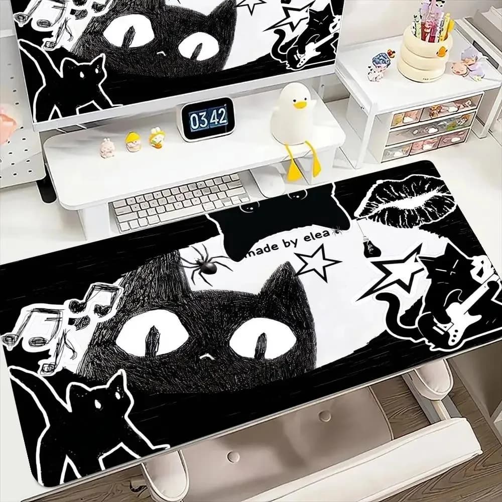 Tappetino per mouse XL con gatto nero kawaii, piante verdi e fiori, per PC, tastiera da gaming, laptop, anime, gamer, tappetino da scrivania carino