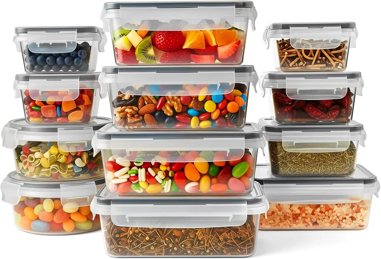 BZLMDXW Set di 12 contenitori per alimenti, organizer da cucina, contenitori per la preparazione dei pasti, coperchi con chiusura a scatto, contenitori per il pranzo in plastica riutilizzabili