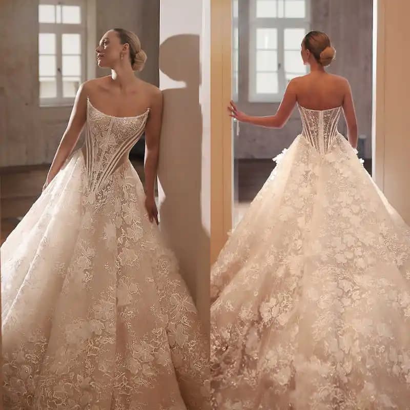 Splendido Abito da Sposa Floreale in Pizzo Senza Spalline con Corsetto e Strascico, Vestito Formale da Sposa Personalizzabile Vestidos Mujer