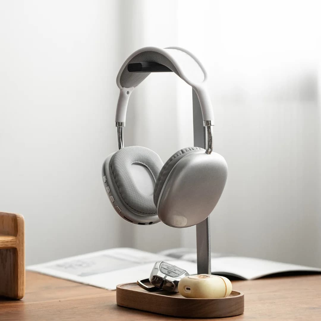 Aluminum Headphone Holder with Wood and Tray Holder, Gaming Headset Desk Organizer