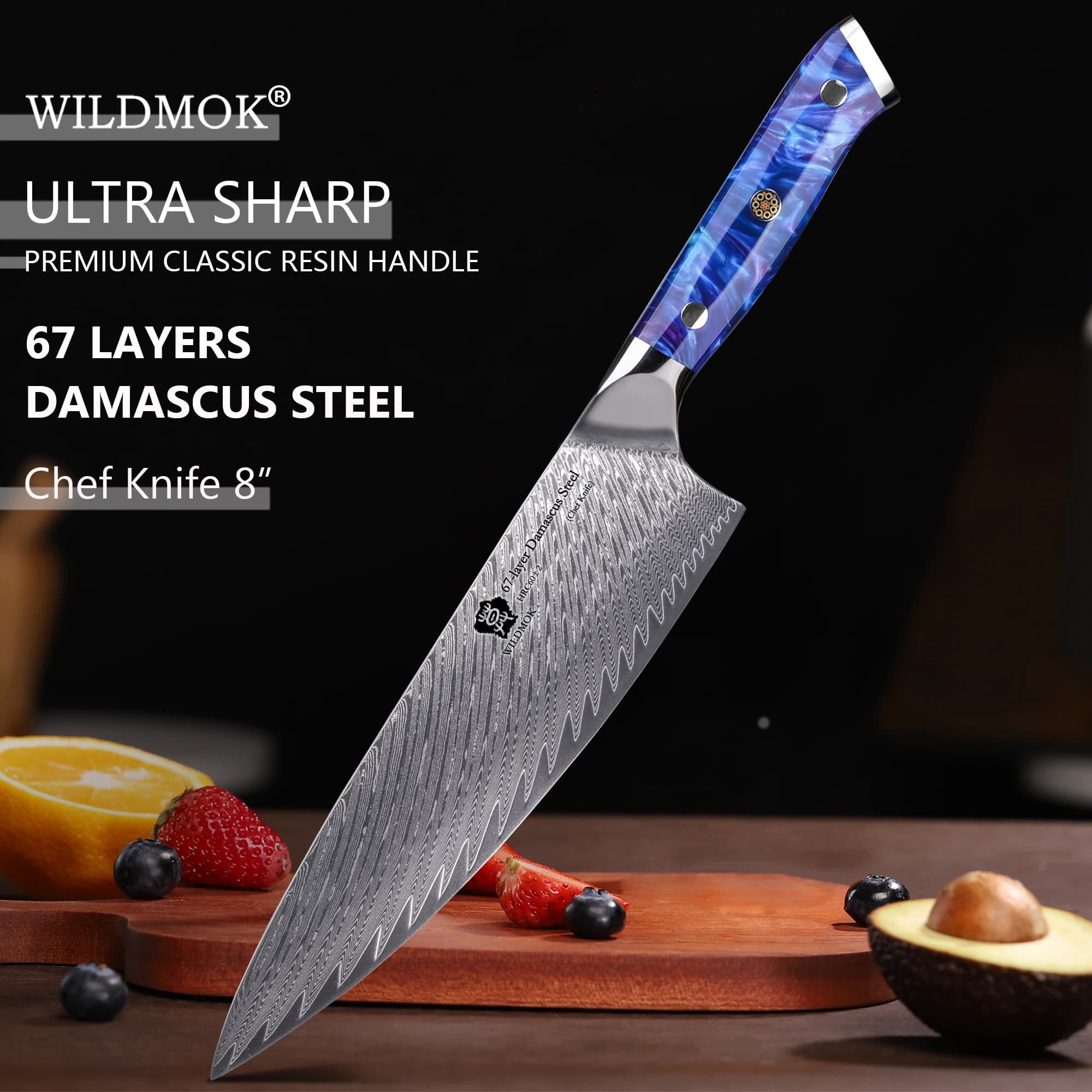 Coltelli da cucina WILDMOK 67 strati Damasco VG10 in acciaio ad alto tenore di carbonio - Coltello da chef da 8 pollici con manico in resina