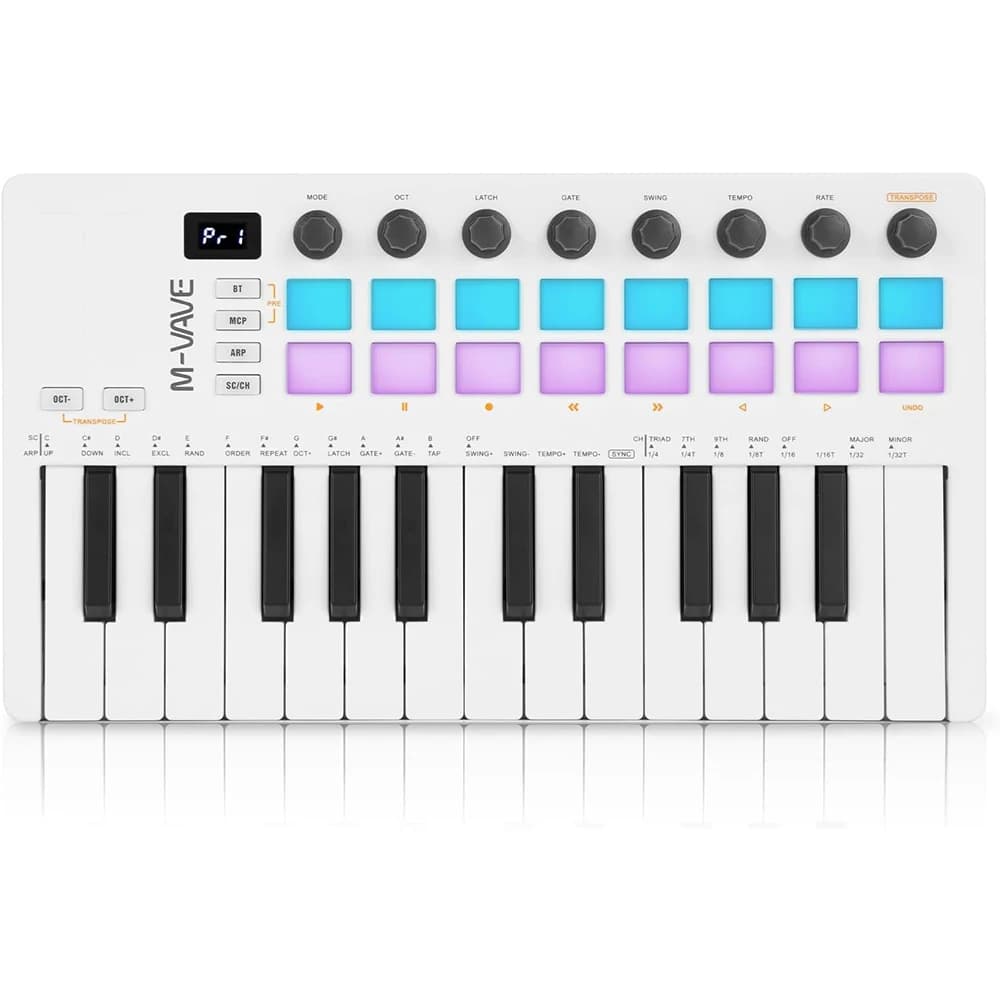 25 Key USB MIDI Keyboard Controller With 16 Backlit Drum Pads Bluetooth Semi Weighted Professional Dynamic Keybed