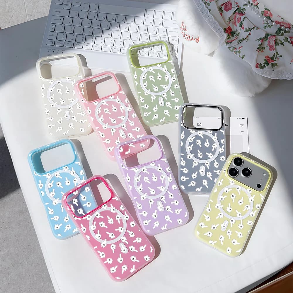 Custodia Magsafe 2 IN 1 di Lusso con Disegno a Mano 'Thumbs Up' in Colori Caramella per iPhone 16 15 14 13 17 Pro Max Plus, Cover Morbida Trasparente Opaca