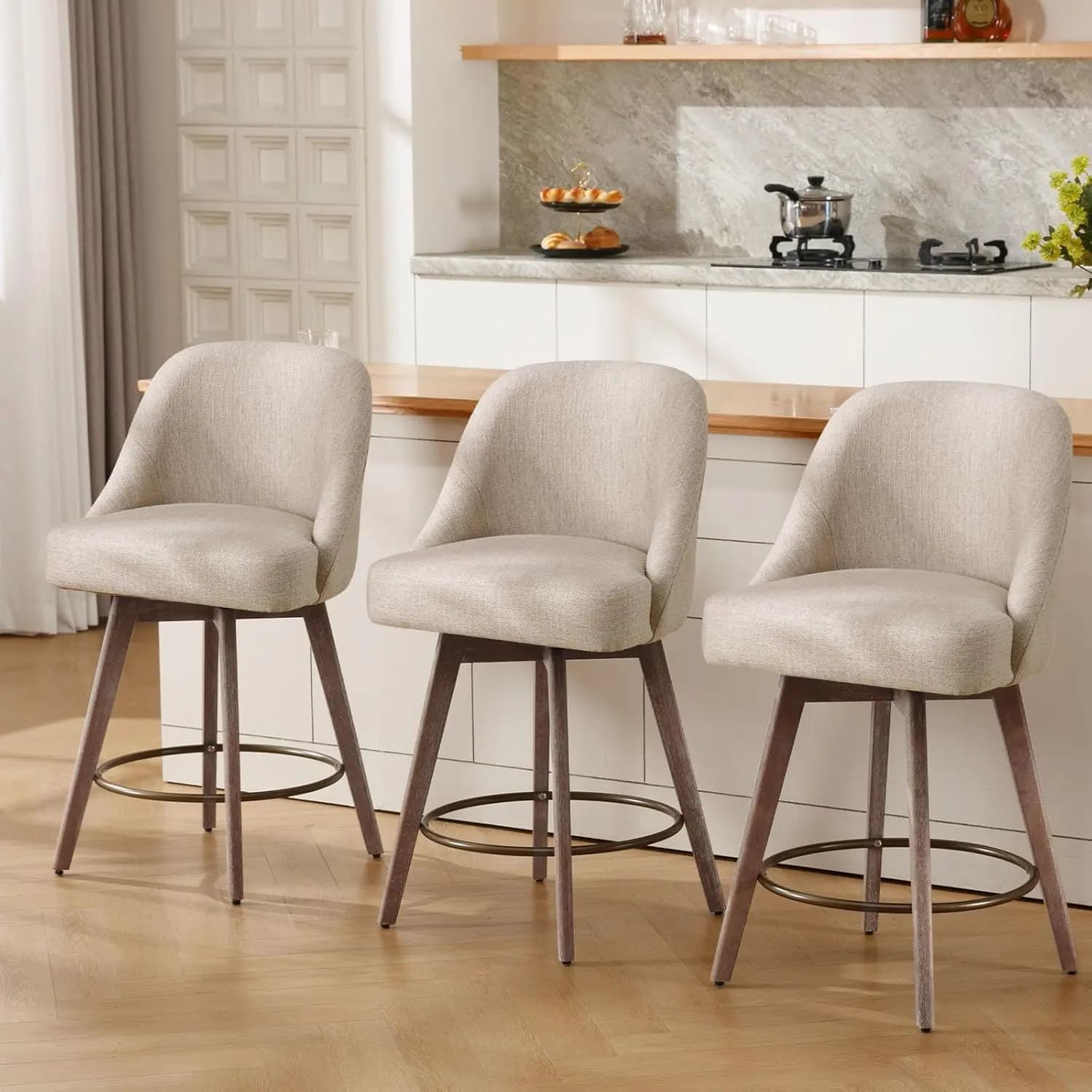 Set di 4 Sgabelli da Bar Alti, Moderni Stile Mid-Century Girevoli con Schienale e Gambe in Legno, Tessuto in Lino, Personalizzabili