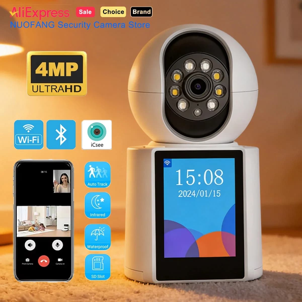 Monitor per Bambini ICSee con Interfono a Un Clic, Telecamera WiFi Interna PTZ 4MP con 355° di Copertura ° Telecamera Pan/Tilt con Tracciamento Automatico, Videosorveglianza per Casa